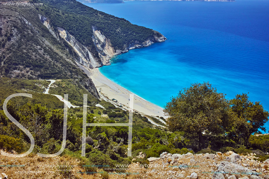 Panoramic View of beautiful Myrtos beach, Kefalonia, Ionian islands, Greece