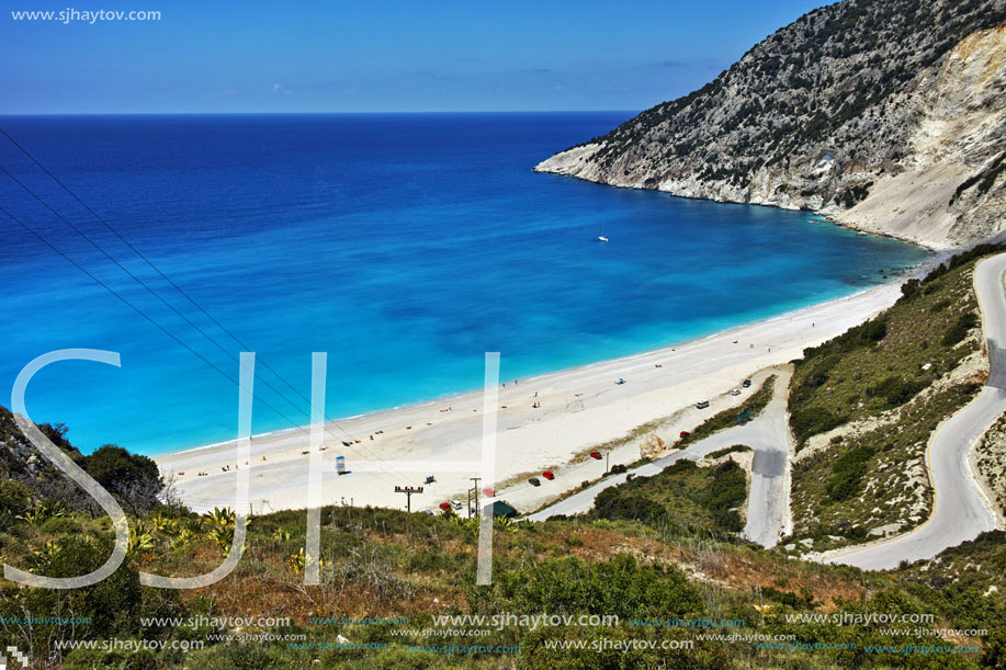 View of beautiful Myrtos bay road to beach, Kefalonia, Ionian islands, Greece