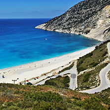 View of beautiful Myrtos bay road to beach, Kefalonia, Ionian islands, Greece