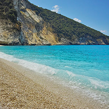 Blue water of beautiful Myrtos beach, Kefalonia, Ionian islands, Greece