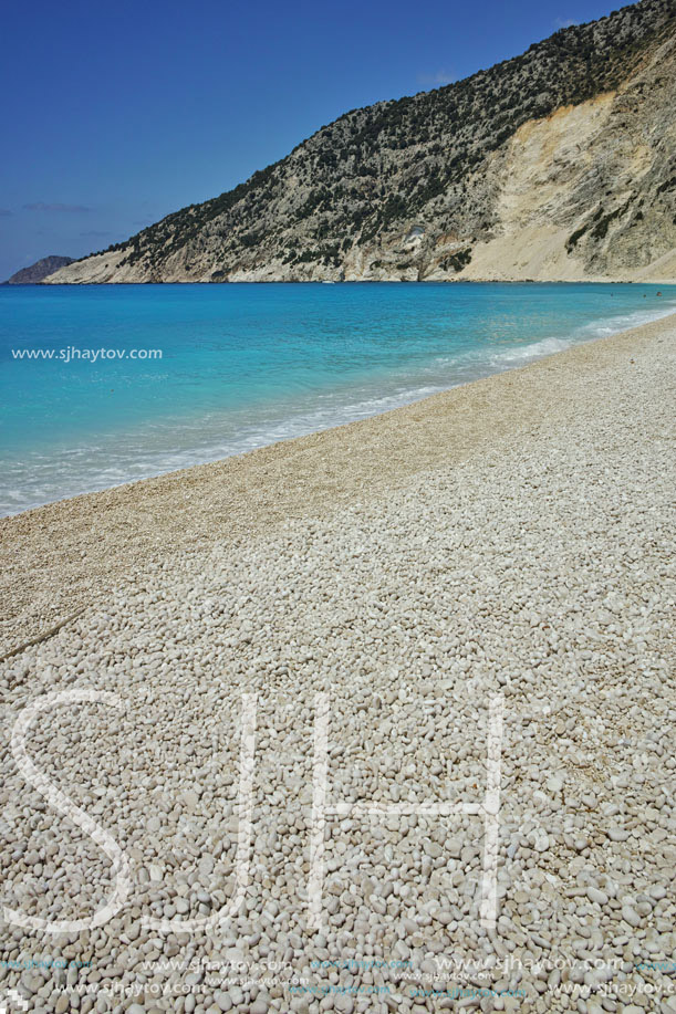 Blue water of beautiful Myrtos beach, Kefalonia, Ionian islands, Greece