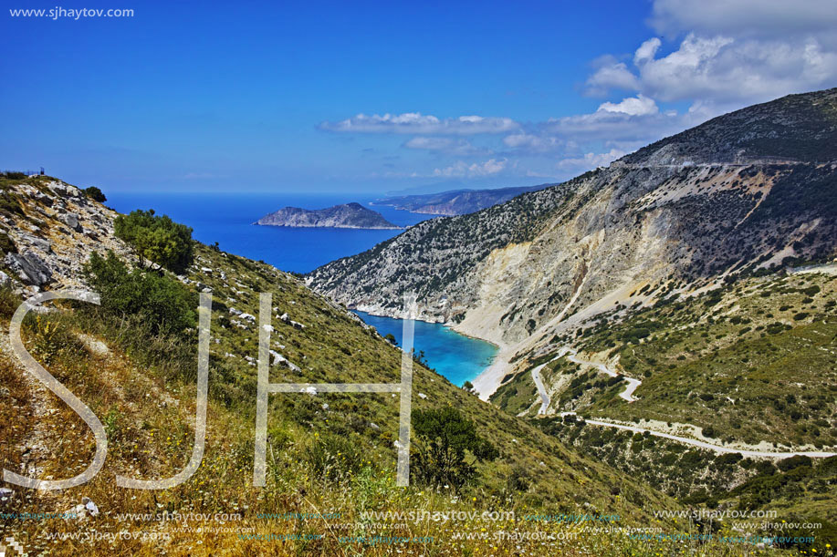Panoramic View of beautiful Myrtos beach, Kefalonia, Ionian islands, Greece