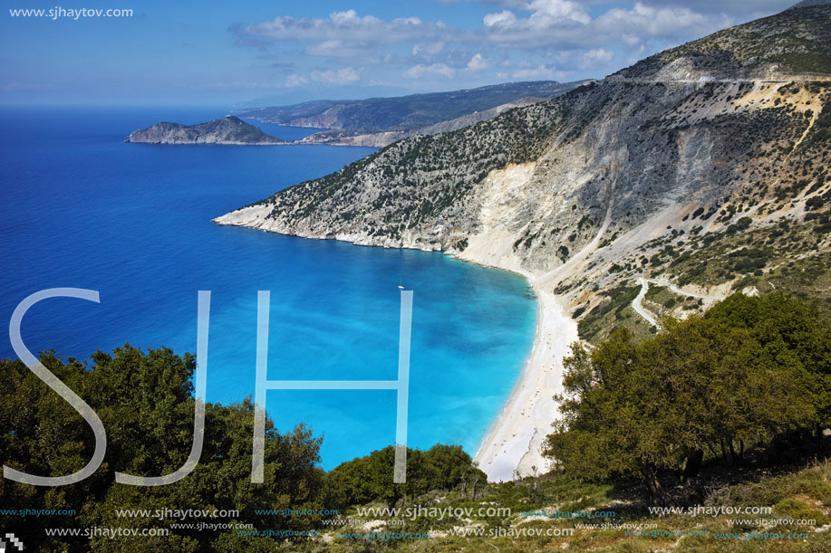Panoramic View of beautiful Myrtos beach, Kefalonia, Ionian islands, Greece