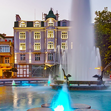 Night photos of Fountain in front of city hall in the center of Plovdiv, Bulgaria