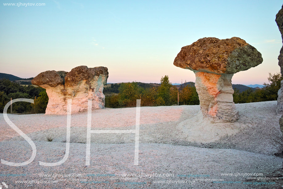 Sunrise at a rock phenomenon The Stone Mushrooms near Beli plast village, Kardzhali Region, Bulgaria