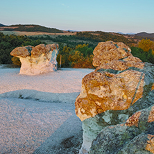 Sunrise at a rock phenomenon The Stone Mushrooms near Beli plast village, Kardzhali Region, Bulgaria