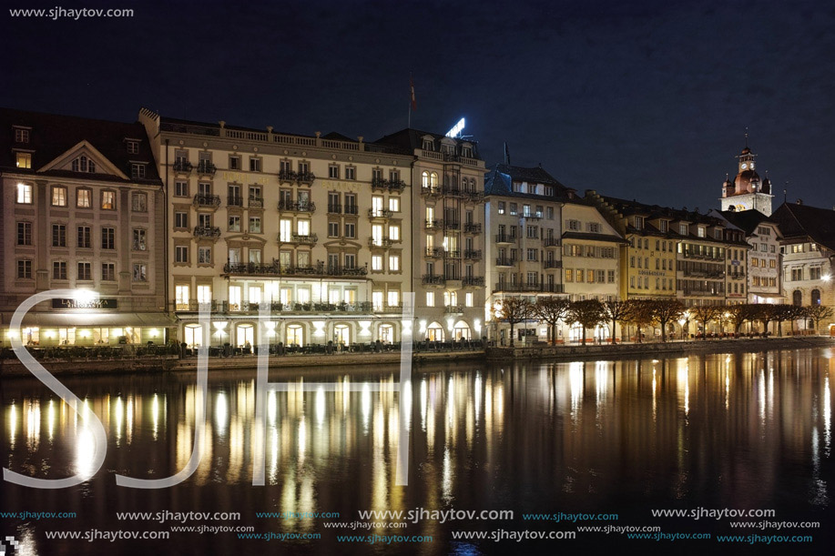 Night photos of City of Lucern and Reuss River, Canton of Lucerne, Switzerland