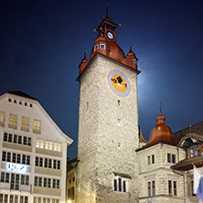 Night photos of Clock Tower in City of Lucern, Canton of Lucerne, Switzerland