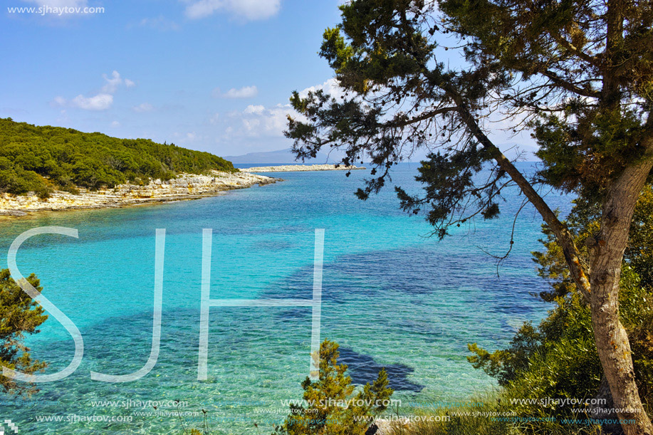 Blue waters of Emblisi Fiskardo Beach, Kefalonia, Ionian islands, Greece
