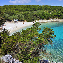 Blue waters of Emblisi Fiskardo Beach, Kefalonia, Ionian islands, Greece