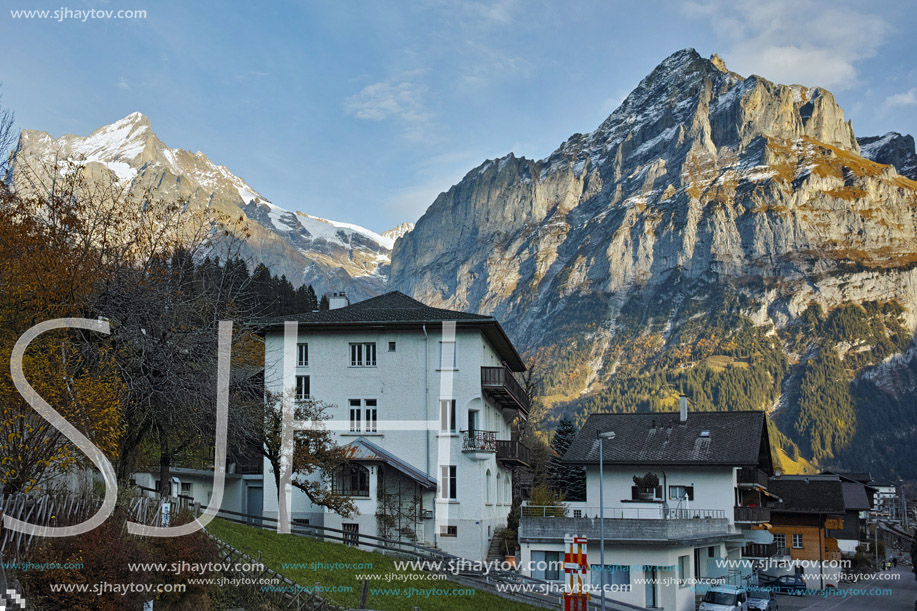 Village of Grindelwald and Alps near town of Interlaken, Switzerland