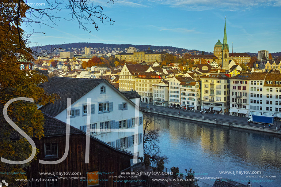 Reflection of City of Zurich in Limmat River, Switzerland