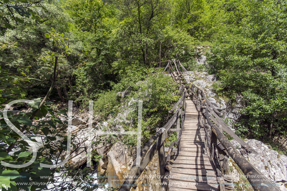 Wooden bridge during sunny morning, Erma River Gorge, Bulgaria
