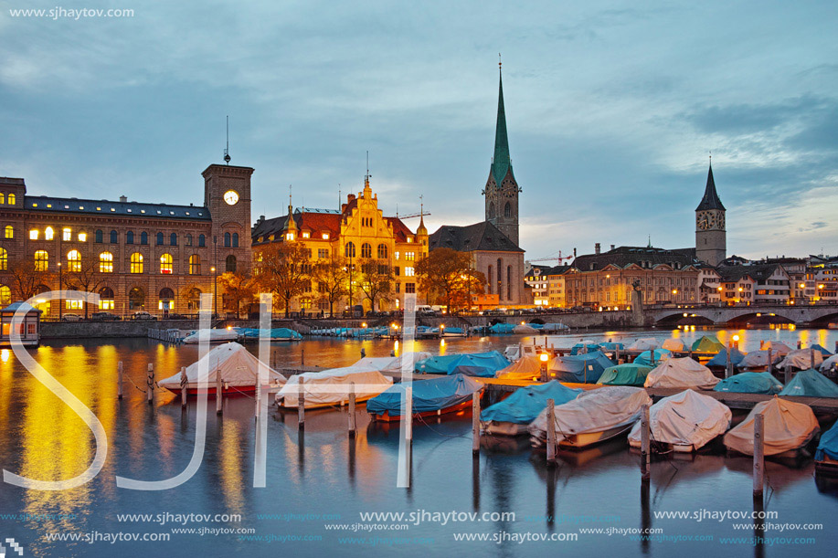 Night photo of Zurich and Limmat River, Switzerland