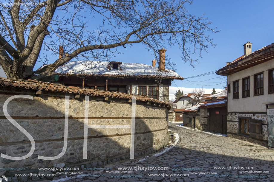 Street in old town and wooden house in Bansko,  Blagoevgrad region, Bulgaria