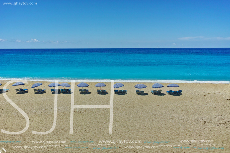Umbrellas lined up on the Katisma Beach, Lefkada, Ionian Islands, Greece