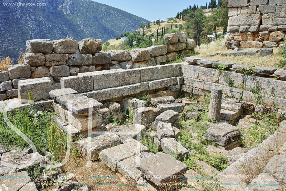 Ruins in Ancient Greek archaeological site of Delphi,  Central Greece