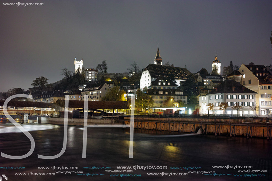 Night panorama Lucern and Reuss River, Canton of Lucerne, Switzerland
