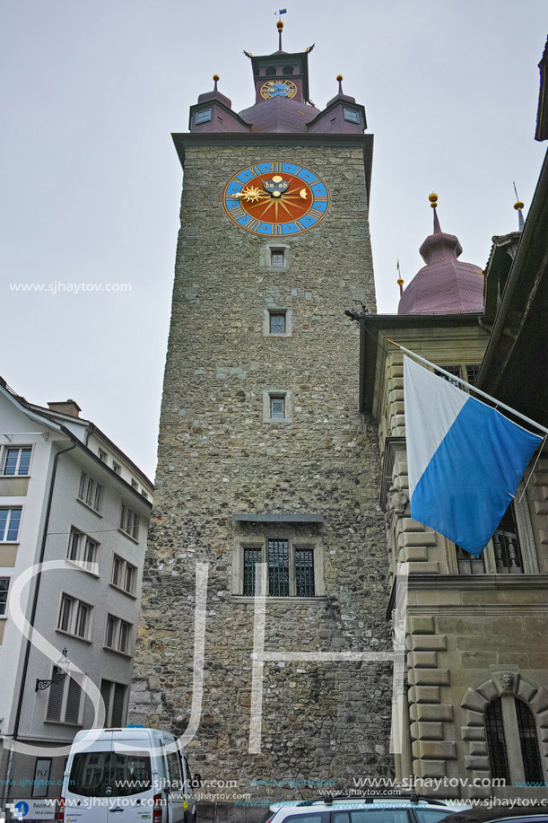 Clock Tower in City of Lucern, Canton of Lucerne, Switzerland