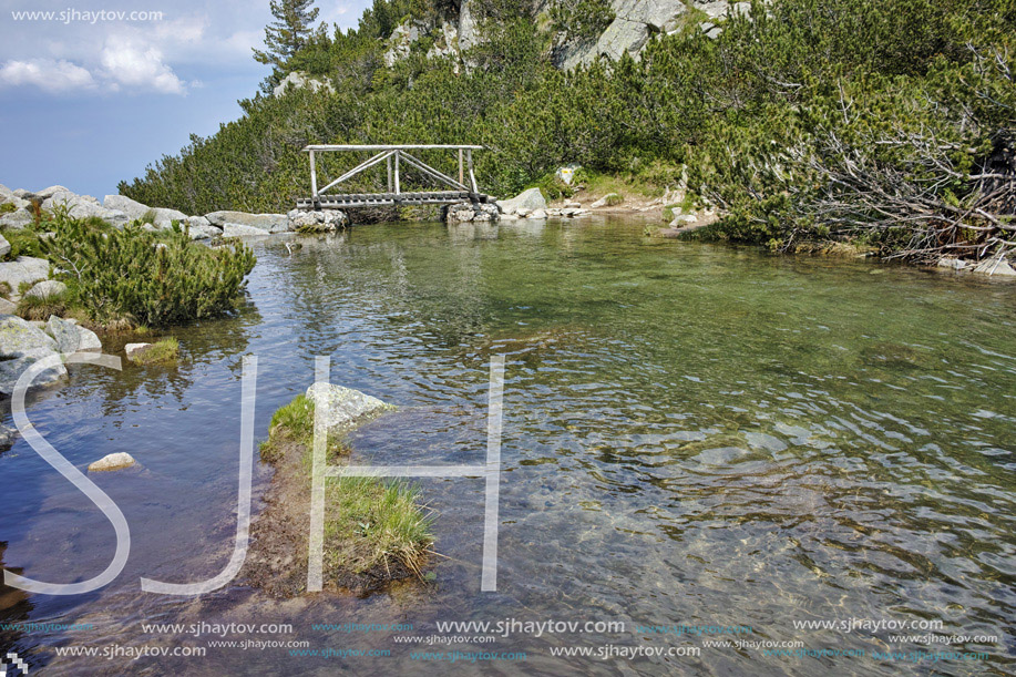 Amazing view of Wooden bridge over River near Vihren hut, Pirin Mountain, Bulgaria