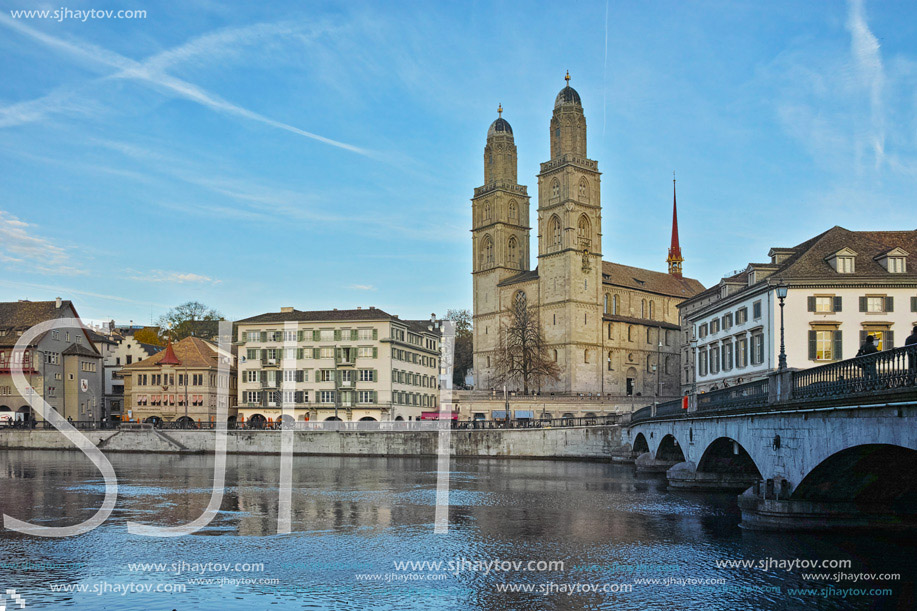 Amazing view of Grossmunster church, City of Zurich, Switzerland
