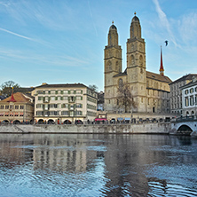 Panoramic view around Grossmunster church, City of Zurich, Switzerland
