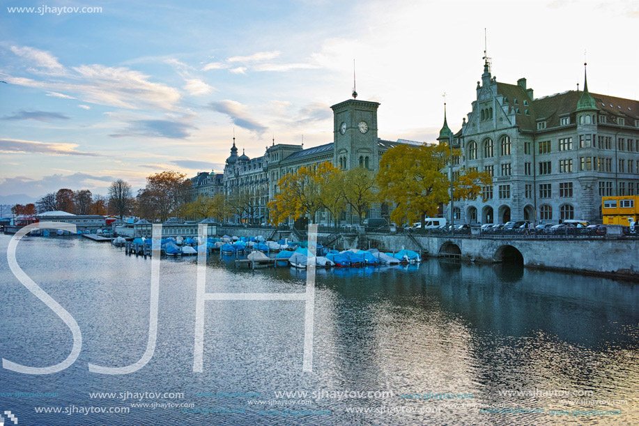 Sunset cityscape of Limmat River, Zurich, Switzerland