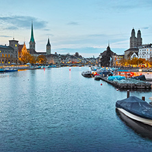 Amazing panorama of city of Zurich and reflection in Limmat River, Switzerland