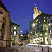 Street and church of Grossmunster, City of Zurich, Switzerland