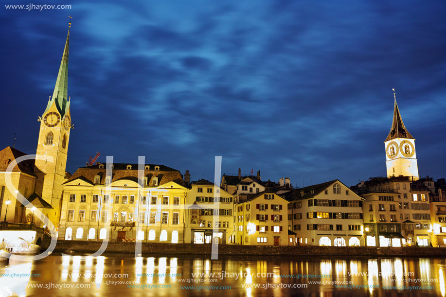 Night photo of Fraumunster and St.Peter churches in city of Zurich, Switzerland