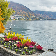 Panoramic view of Lake Geneva and Alps, Montereux, canton of Vaud, Switzerland