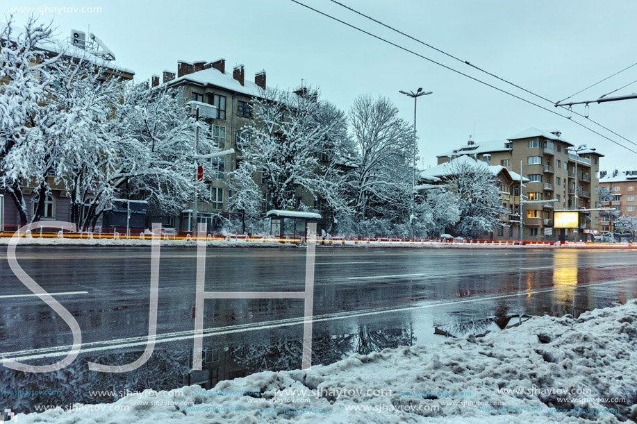 twilight on Tsarigradsko Shosse boulevard, Sofia, Bulgaria