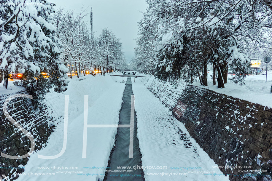 Winter twilight view of Perlovska river, Sofia, Bulgaria