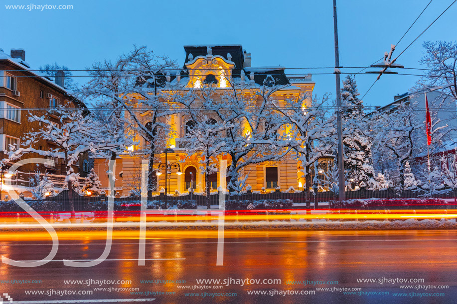 Lights of passing cars on Tsarigradsko Shosse boulevard, Sofia, Bulgaria