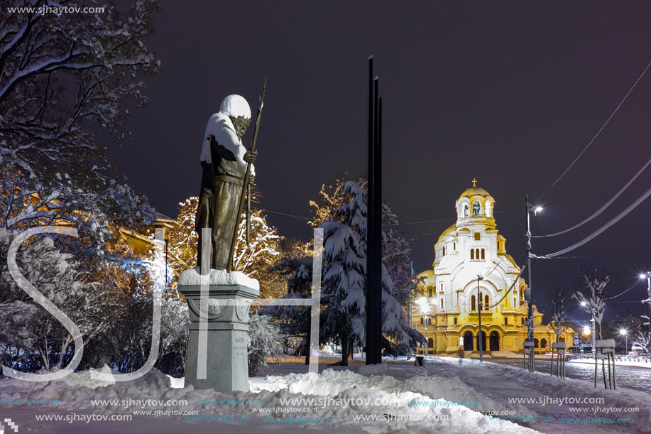 Night photo of  Alexander Nevsky square and Tsar Samuel Monument, Sofia, Bulgaria