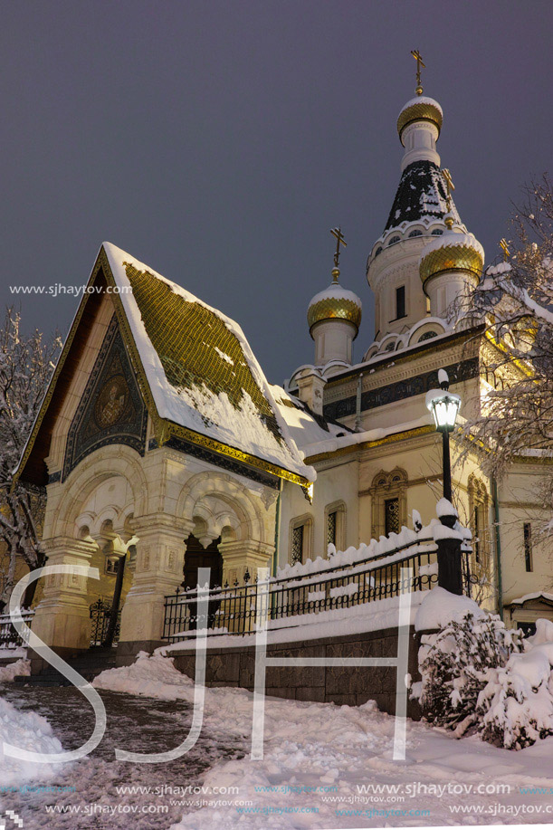 Night photo of  Russian Church in center of Sofia city, Bulgaria