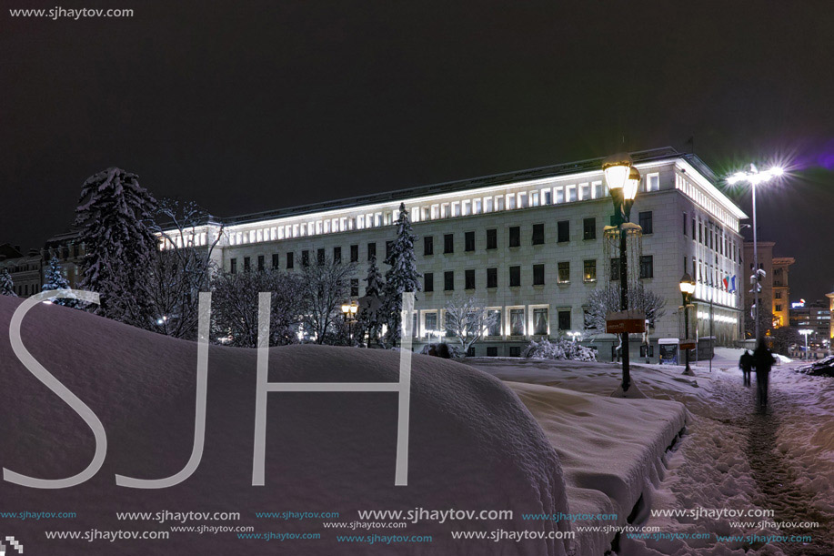 Night photo of  building of the Bulgarian National Bank in center of Sofia city, Bulgaria