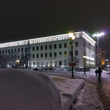 Night photo of  building of the Bulgarian National Bank in center of Sofia city, Bulgaria