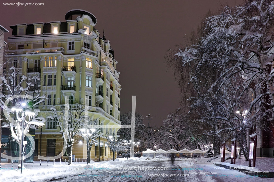 Night photo of snowy street in center of Sofia city, Bulgaria
