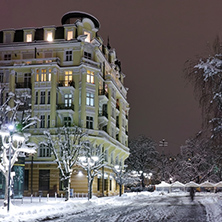 Night photo of snowy street in center of Sofia city, Bulgaria