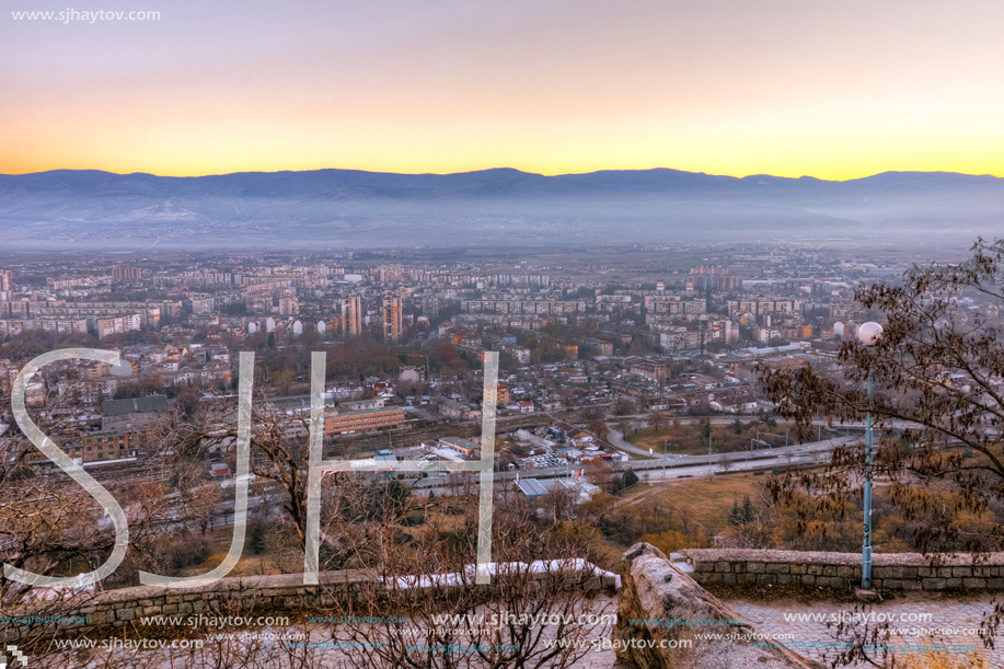 Amazing twilight Landscape of city of Plovdiv from Dzhendem tepe hill, Bulgaria