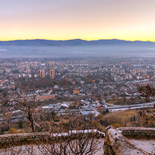 Amazing twilight Landscape of city of Plovdiv from Dzhendem tepe hill, Bulgaria