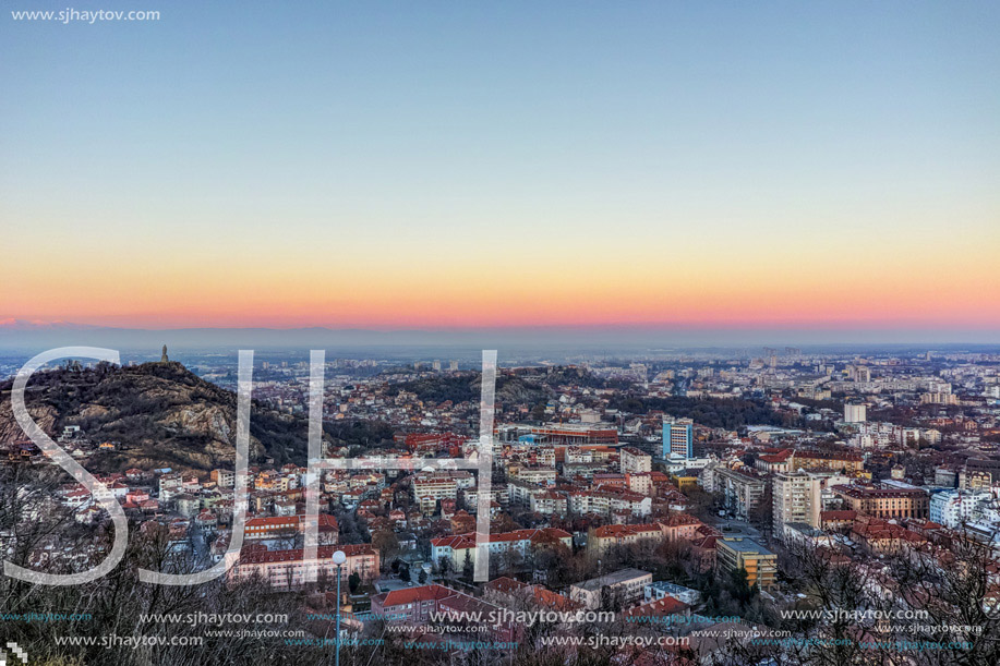 Sunset Landscape of city of Plovdiv from Dzhendem tepe hill, Bulgaria
