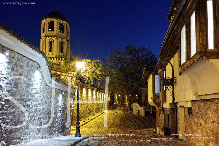 night photo of Church of St. Constantine and St. Helena and old town in City of Plovdiv, Bulgaria