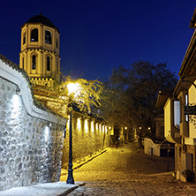 night photo of Church of St. Constantine and St. Helena and old town in City of Plovdiv, Bulgaria