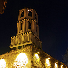 night photo of Church of St. Constantine and St. Helena and old town in City of Plovdiv, Bulgaria