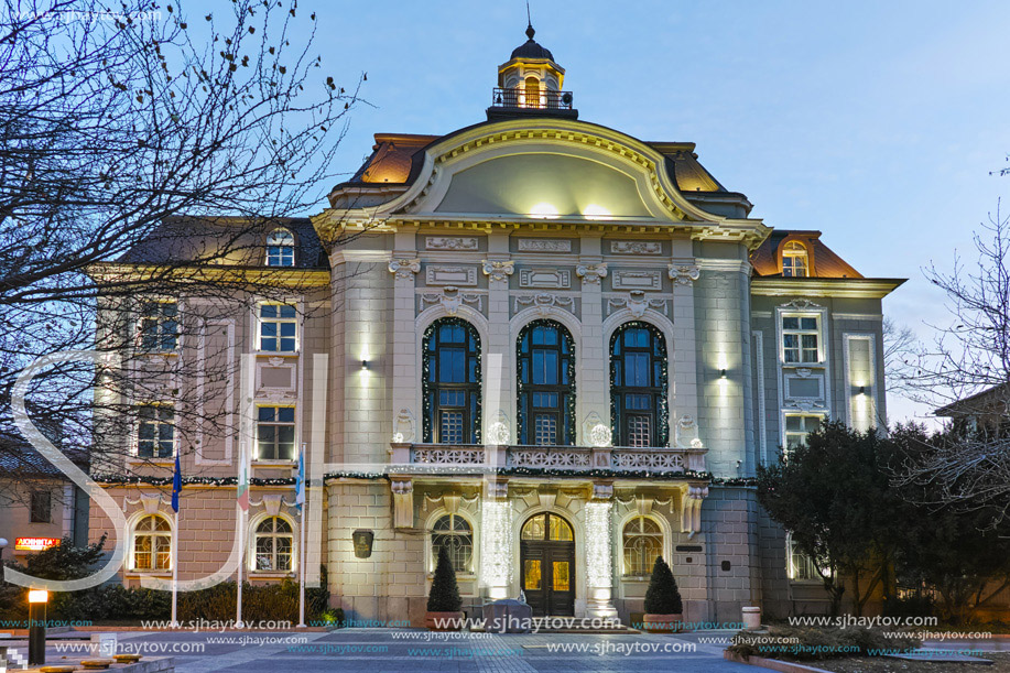 Night photo of Building of City Hall of city of Plovdiv, Bulgaria