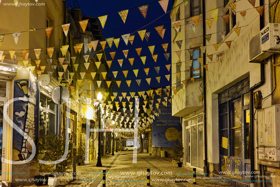 Night photo of  street in district Kapana, city of Plovdiv, Bulgaria