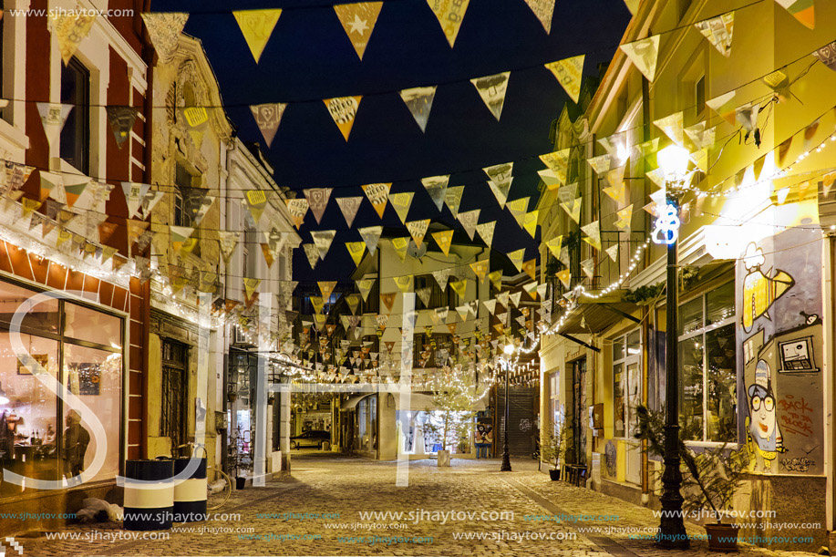 Amazing Night photo of Cobblestone street  in district Kapana, city of Plovdiv, Bulgaria