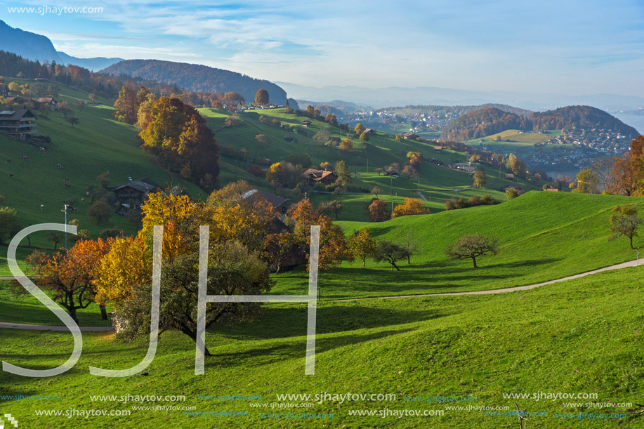 green meadows and typical Switzerland village near town of Interlaken, canton of Bern